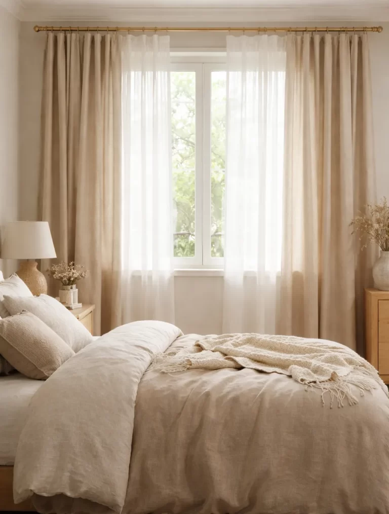 Beige gordijnen met witte vitrages zorgen voor een rustige, warme en sfeervolle slaapkamer.