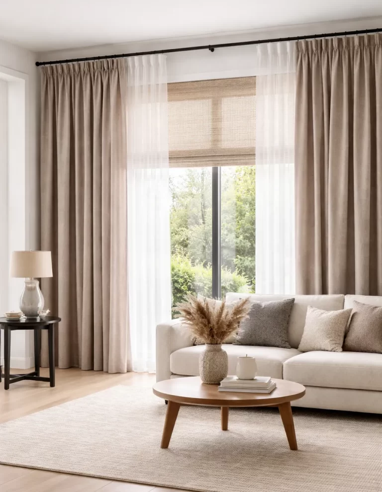 Stijlvolle, lichte woonkamer met elegante gordijnen en moderne raamdecoratie in neutrale tinten.