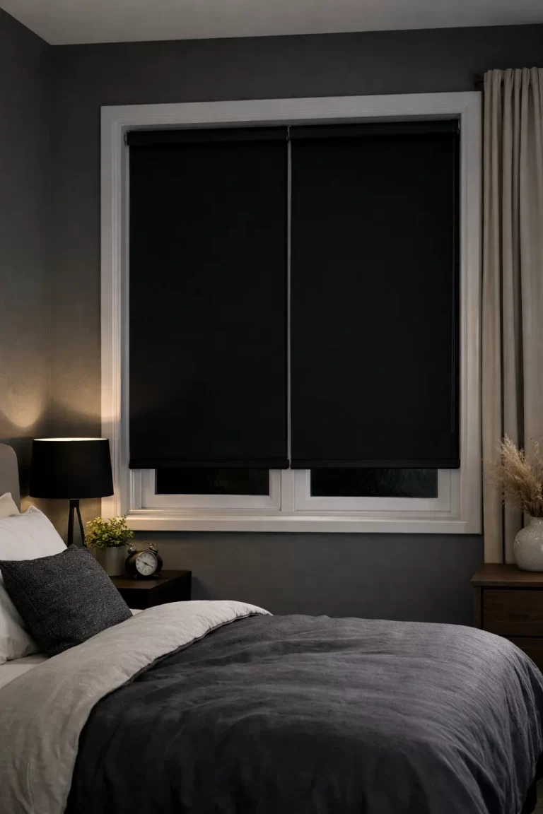 Moderne slaapkamer met verduisterende rolgordijnen voor een rustige en donkere slaapomgeving.