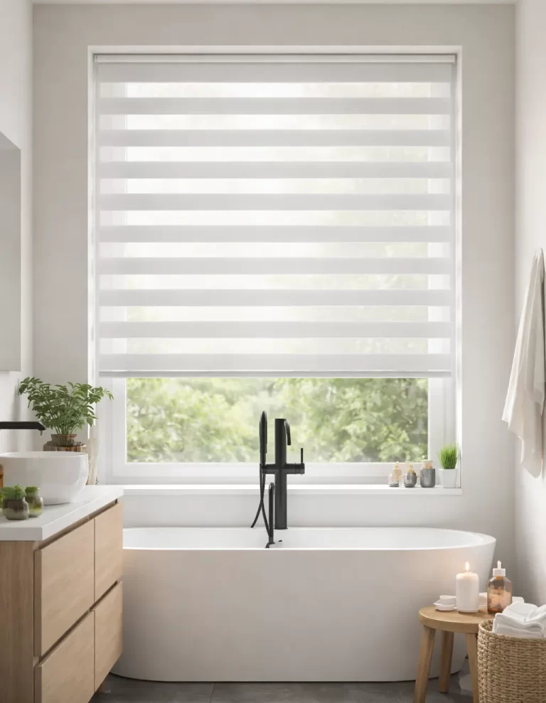 Moderne, vochtbestendige raamdecoratie met veel licht en privacy.