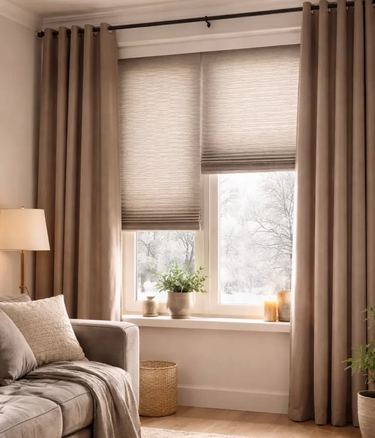 Moderne, warme woonkamer met isolerende gordijnen en plisségordijnen voor extra comfort in de winter.