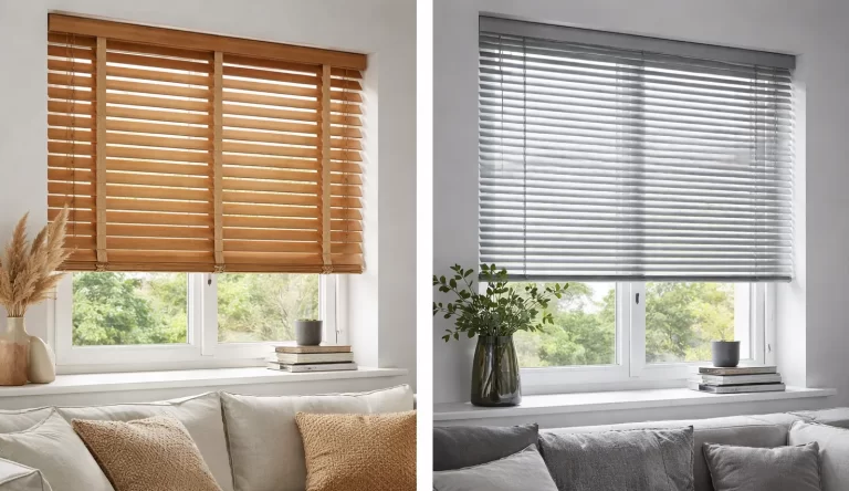 Vergelijking tussen warme houten jaloezieën en strakke aluminium jaloezieën in een modern interieur.